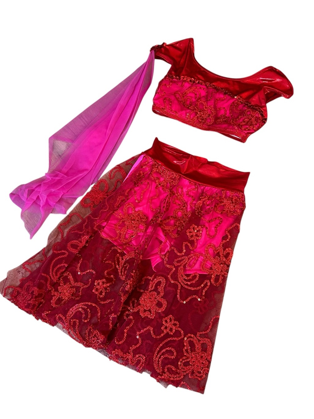 Red Two Piece Dance Costume Beaded Design Middle Eastern Style Womens Size Small